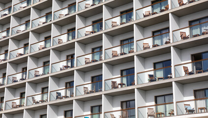 Portugal, Azores, Ponta Delgada, Rows of identical apartment building balconies