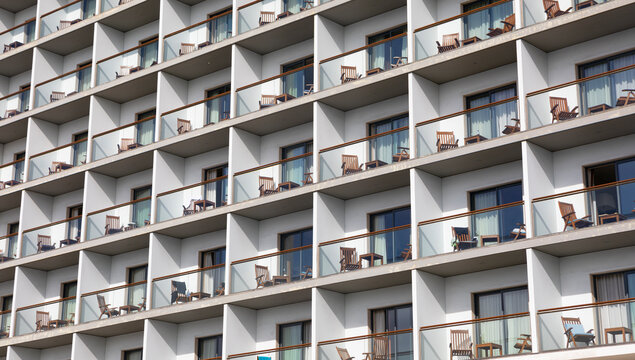 Portugal, Azores, Ponta Delgada, Rows Of Identical Apartment Building Balconies