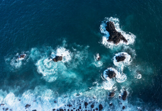 Drone view of blue coastal waters of Sao Miguel Island