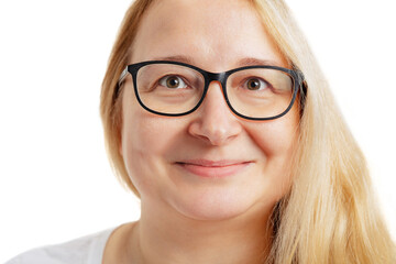 Obraz premium Close-up portrait of woman. Female face without makeup. Anti-aged cosmetology, well-kept skin, medicine and health.
