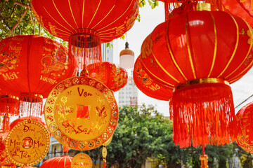 Red and gilded decorations at Lunar New Year market, Vietnam