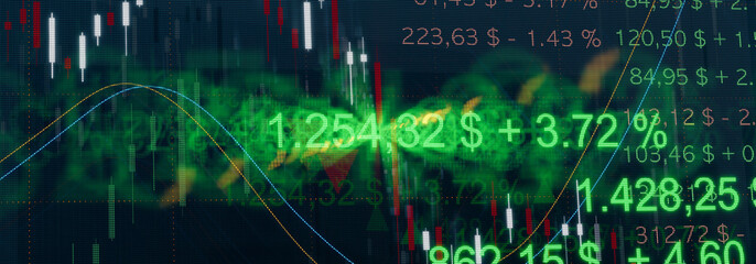 Stock Market banner with share prices, charts and green reflections on the screen. 3D illustration