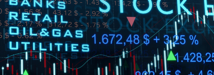 Obraz premium Stock Market trading screen with sector like banks, retail or oil and gas and quotes, lines and charts. 3D illustration