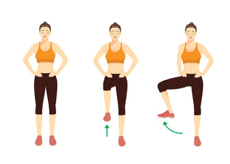 Sport women doing exercise with Single leg hip Rotation posture. Illustration about hip and leg workout diagram.