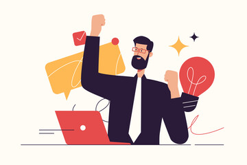 Vector illustration depicting a happy businessman finding an effective solution. Editable stroke