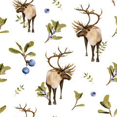 Watercolor seamless pattern with reindeer, green leaves, blueberry isolated on white background. Hand-drawn spring and winter forest floral backdrop for fabric, clothing, wrapping paper, decor