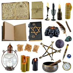 Design clip art set with magic book of spells, candles, pentagram and witch objects isolated on white background