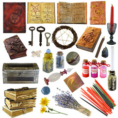 Design clip art set with magic book of spells, candles, lavender flower, crystal, old keys and...