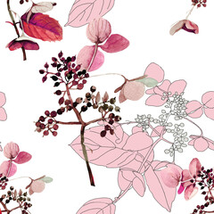 Pink flowers branches watercolor on white background seamless pattern.
