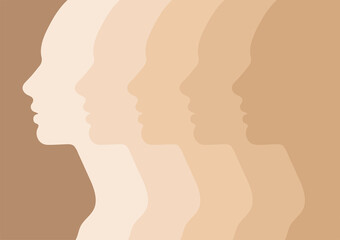 Female faces, silhouette in profile. People with different skin tones. A group of people of different nationalities and cultures. Society or population, social diversity. Vector illustration