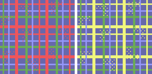 Set of checkered Vector seamless pattern with yellow, red, green, purple stripes and polka dots on Very Peri violet background. Trendy colors geometry. Modern gingham design. Cute print for fabric.