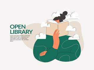 Woman reading open book in library landing page template or web banner. Book festival, education and dreaming, culture festival day, literature event. Flat vector illustration isolated on background