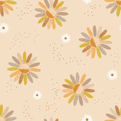 Childish abstract chamomile daisy flowers vector seamless pattern. Boho baby floral background. Scandinavian decorative style surface design for nursery and kids fabric.