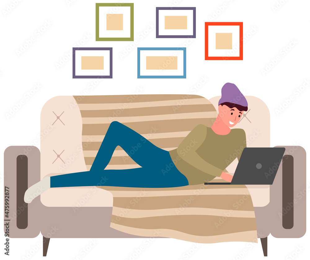 Poster chatting, communication and sending messages via internet. man is lying and using laptop to chat. ty