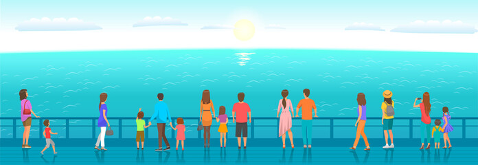 People watching marine scenery. Parents and children stand on pier and admire seascape. Sea view, breeze, seascape in summer. Characters having rest near ocean, summer holiday pastime, recreation