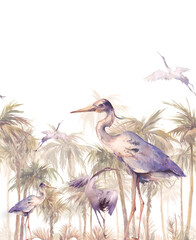 Watercolor cranes and heron scene. Seamless border witn birds and palm trees