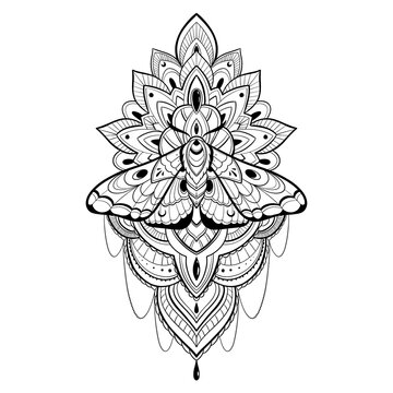 Vector illustration with hand drawn butterfly on mandala. Abstract mystic sign. Black linear shape.