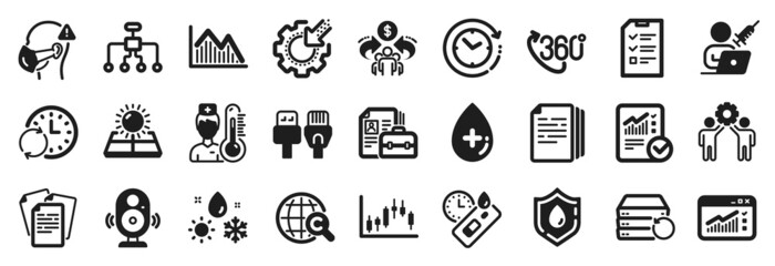 Set of Science icons, such as Vacancy, Investment graph, Computer cables icons. Employees teamwork, Thermometer, Documents signs. Covid test, Candlestick graph, Oil serum. Medical mask. Vector