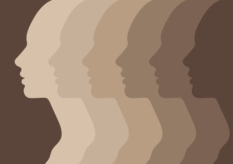 Female faces, silhouette in profile, skin tone. People with different skin colors, African or European skin. Society or population, social diversity. Vector illustration in flat design isolated