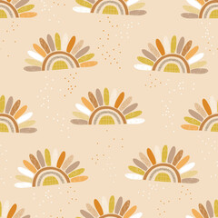 Childish abstract half chamomile sun flower vector seamless pattern. Boho earthy colours floral blossom background. Scandinavian decorative style surface design for nursery and baby textile.