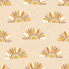 Kinderachtig abstracte halve kamille zon vector naadloze bloemenpatroon. Boho aardse kleuren bloemen bloesem achtergrond. Oppervlakteontwerp in Scandinavische decoratieve stijl voor baby- en babytextiel. © AngellozOlga