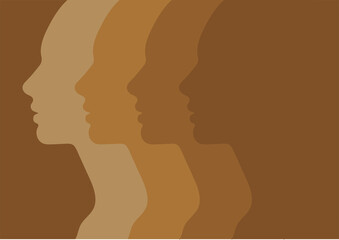 Female faces, silhouette in profile, skin tone. People with different skin colors, African, Asian or European skin. Society or population, social diversity. Vector illustration in flat design isolated