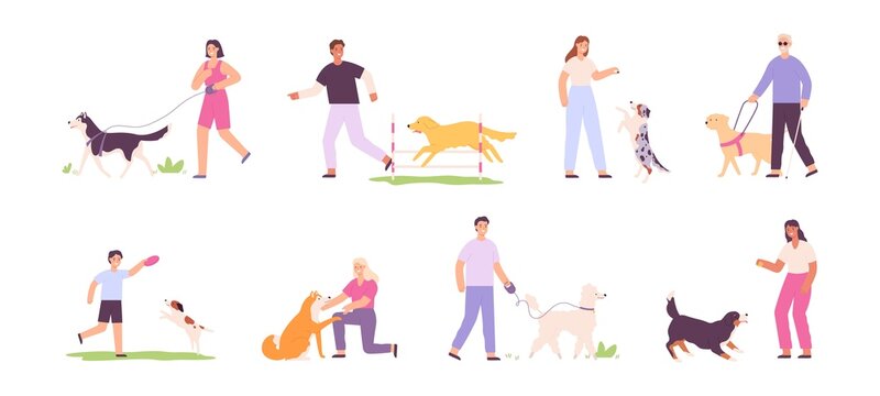 Flat happy people walking, training and playing with dogs. Blind person with guide dog. Men and women and domestic dogs activity vector set