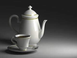 A teapot, a sugar bowl and a cup on a saucer