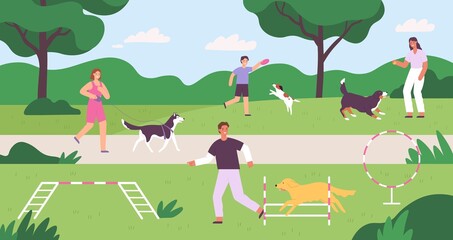 Dog park with people playing, training and walking pets. Flat owners and dogs outside activity. Domestic animals playground vector concept