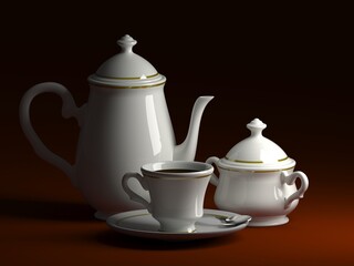A teapot, a sugar bowl and a cup on a saucer