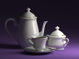 A teapot, a sugar bowl and a cup on a saucer