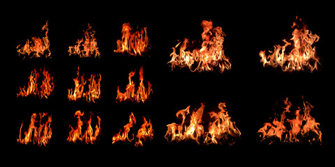 Red bonfire set of 9 types that burns fuel. on a black background