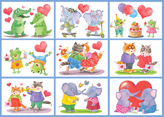 Set of greeting cards with cute and funny animals. Valentine's day cards. Birthday cards. Cute crocodiles, elephants, cats and frogs