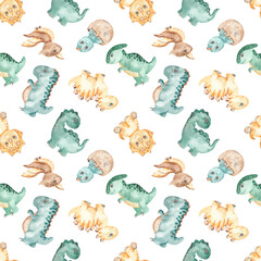 Watercolor seamless multidirectional pattern with dinosaurs babies, tyrannosaurus, stegosaurus, tricerapops, brontosaurus, pterodactyl on a white background © MarinaErmakova