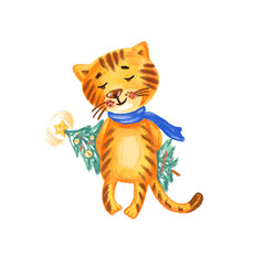 Watercolor tiger hand drawn kid cartoon animal, cute cat with Christmas tree isolated on white background, Character design for greeting card, children invitation, creation of zoo alphabet, printing