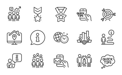 Education icons set. Included icon as Education, Partnership, Work home signs. Winner ribbon, Teamwork chart, Quick tips symbols. Group people, Target, Winner medal. Time management. Vector