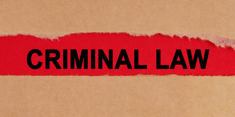 Among the torn sheets of paper on a red background, the inscription - CRIMINAL LAW