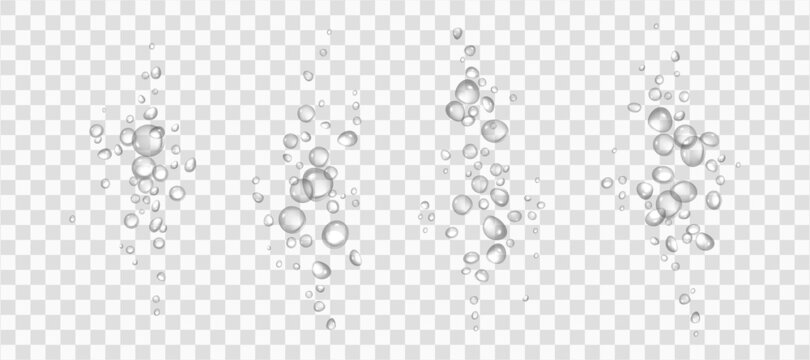 Effervescent water or oxygen fizz, white air bubbles realistic 3d vector illustration. Moving underwater fizzing. Soda or champagne drink design elements isolated on transparent background.