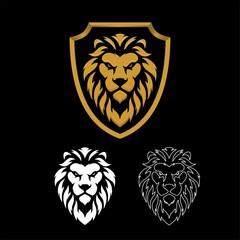 golden lion head and shield logo. vector illustration