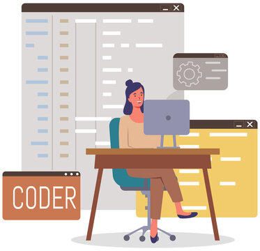 Programmer engineering and coding. Coder programmers working on web development on computer. Concept of script coding and programming in php, javascript, python, other languages. Software developers