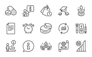 Science icons set. Included icon as Pie chart, Blood and saliva test, Gluten free signs. Update data, Throw hats, Cogwheel blueprint symbols. Document, Organic tested, Time management. Vector