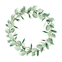 Watercolor floral wreath with green eucalyptus leaves. Hand-drawn winter and spring frame template isolated on white background for wedding invitations, cards, and logo