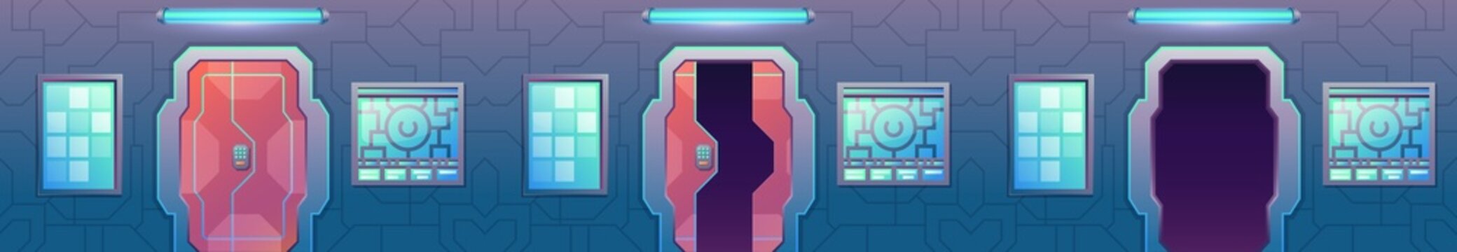 Spaceship sliding gate, futuristic laboratory door open animation. Closed spacecraft, shuttle metal entrance. Sci-fi game vector background