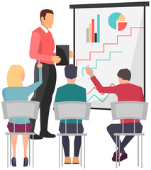 Businessman teacher giving employee people lecture or presentation in conference hall. Male boss showing and explaining to his colleagues diagram. Man demonstrates business plan on presentation board