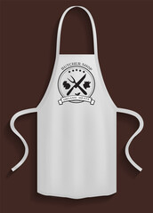 White apron with butcher shop logo. Clothes for work in kitchen, protective element of clothing for cooking. Chef apron with long straps. Clothing for cooking in kitchen and cutting organic meat