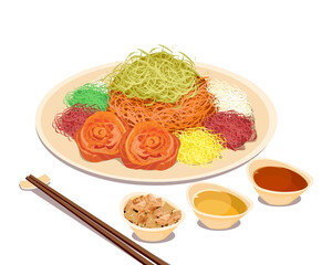 Yu Sheng, prosperity fish raw and vegetables salad and a variety of sauces and condiments with sauce and bread. Chinese food and chopsticks on a table. Isolated close up Yu Sheng vector illustration 