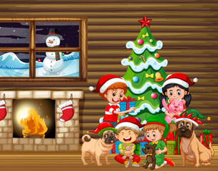 Indoor house scene with children and dogs in Christmas theme