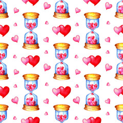 Watercolor painting pattern hourglass and hearts. Seamless repeating print for Valentine's Day, Wedding. Suitable for invitations, cards, fabrics, interior design, packaging, paper phone cases.