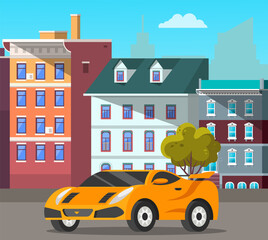 Modern car yellow sedan drive on road in city street against tall buildings on carriageway. Urban landscape auto road vector vehicle transportation. Car tourism, family auto trip, automobile transport