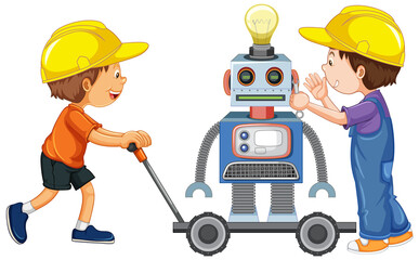 Two boys building robot on white background